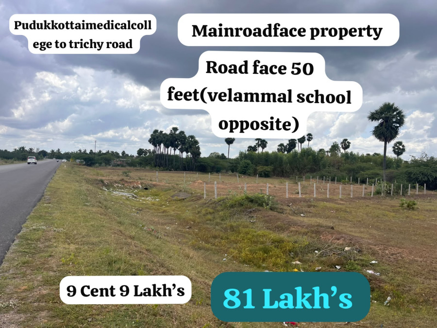 Mainroadface Property /Pudukkottai medical college to trichy /Road face 50 feet(velammal school opposite) /9 Cent-1-Cent 9 Lakhs /81 Lakhs /PL 506