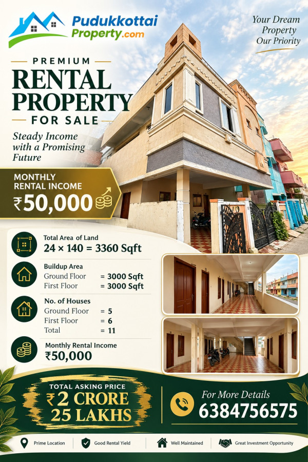 Total Area of Land 24*140 = 3360 Sqft / Builup Area Ground floor = 3000 Sqft / First floor = 3000 Sqft / Ground floor = 5 No of House / First floor = 6 No of House / Total = 11 No of House / Monthly Rental Income = 50000 / Total Amount  2 Crore 25 Lakhs /
