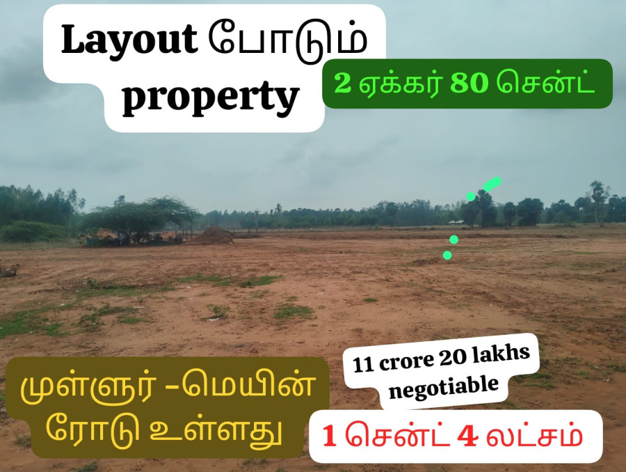 2 Acer 80 Cent /Mullur pudukkottai /Pudukkottai to thanjavur main Bypass /Layout purpose property /Per 4 Lakhs negotiable /11 Crore 20 Lakhs negotiable /IN 359
